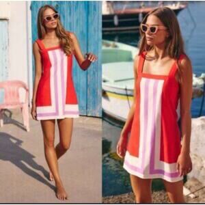 NWT Lalavon Pink Red Sleeve Mini Dress Linen Cotton S